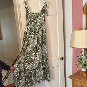 THML Green and White Leaf-Print Tie-Strap Maxi Dress